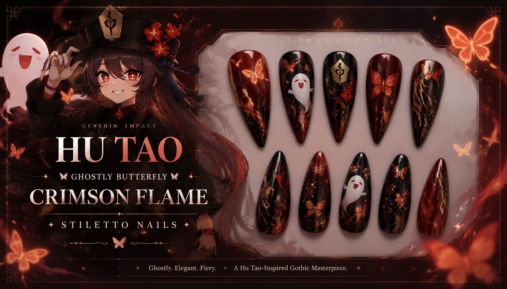 Hu Tao Ghostly Butterfly Crimson Flame Stiletto Nails
