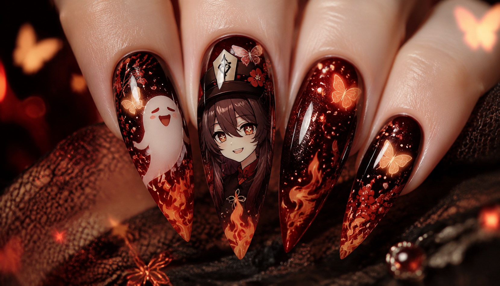 Detailed close-up showing the intricate hand-painted art of Hu Tao Ghostly Butterfly Crimson Flame Stiletto Nails