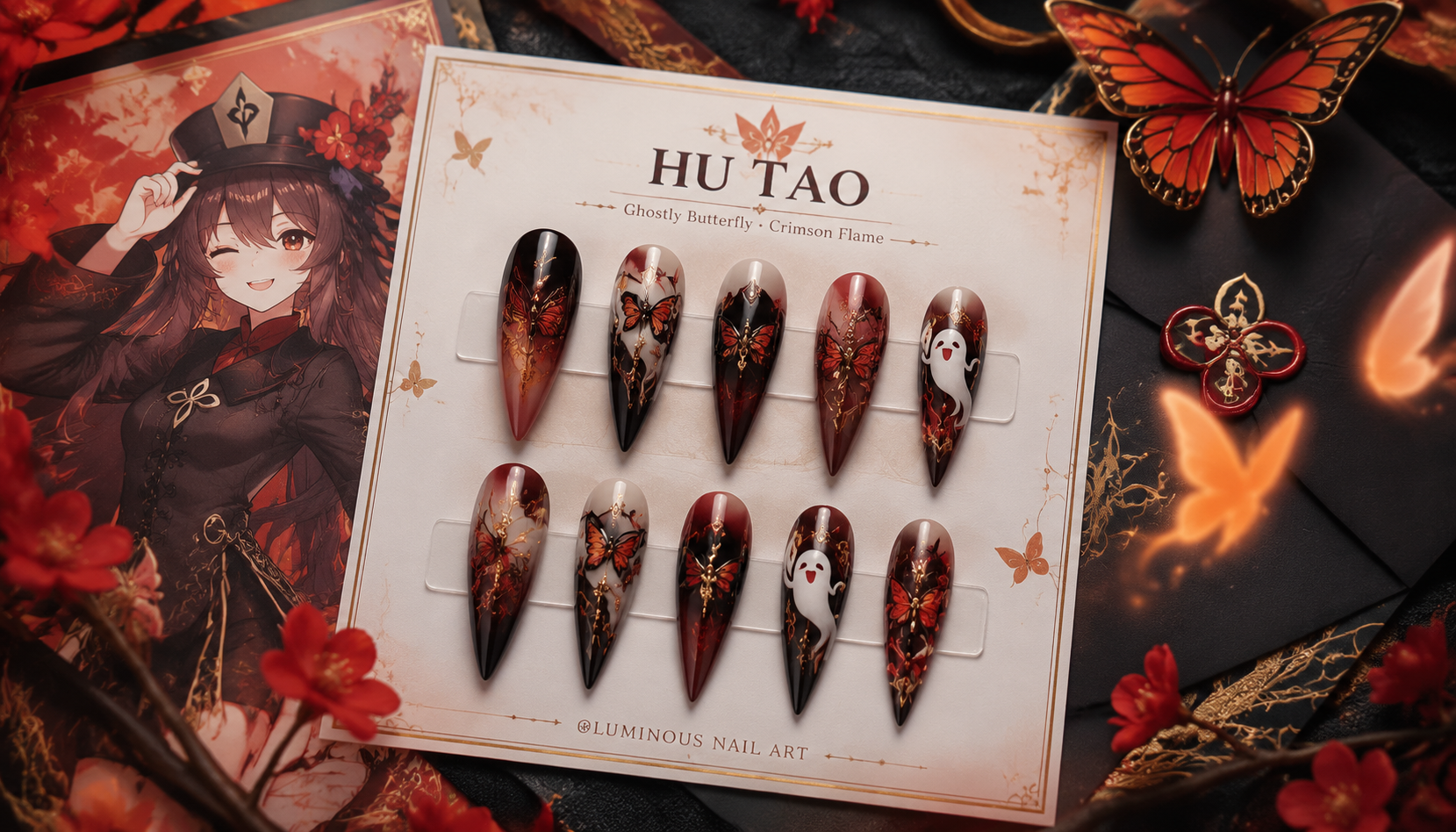 Styling look of Hu Tao Ghostly Butterfly Crimson Flame Stiletto Nails on hands matching modern anime fashion