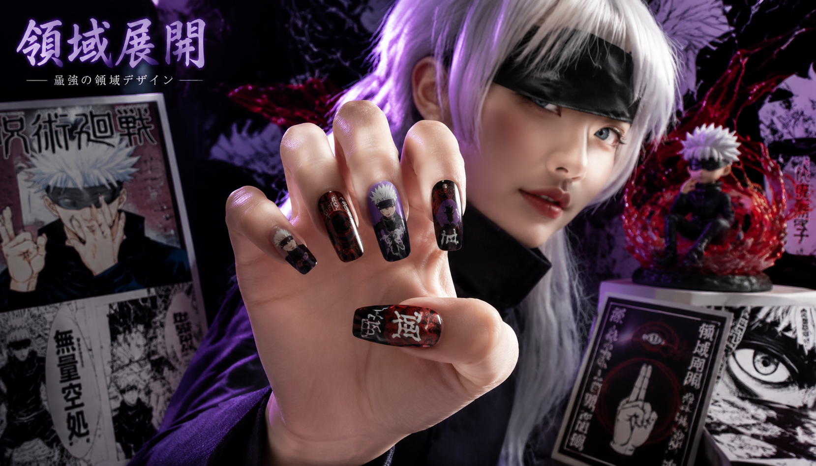 Handmade custom Jujutsu Kaisen Cursed Nail Art: Top Domain Expansion Designs worn on hand styling showcase