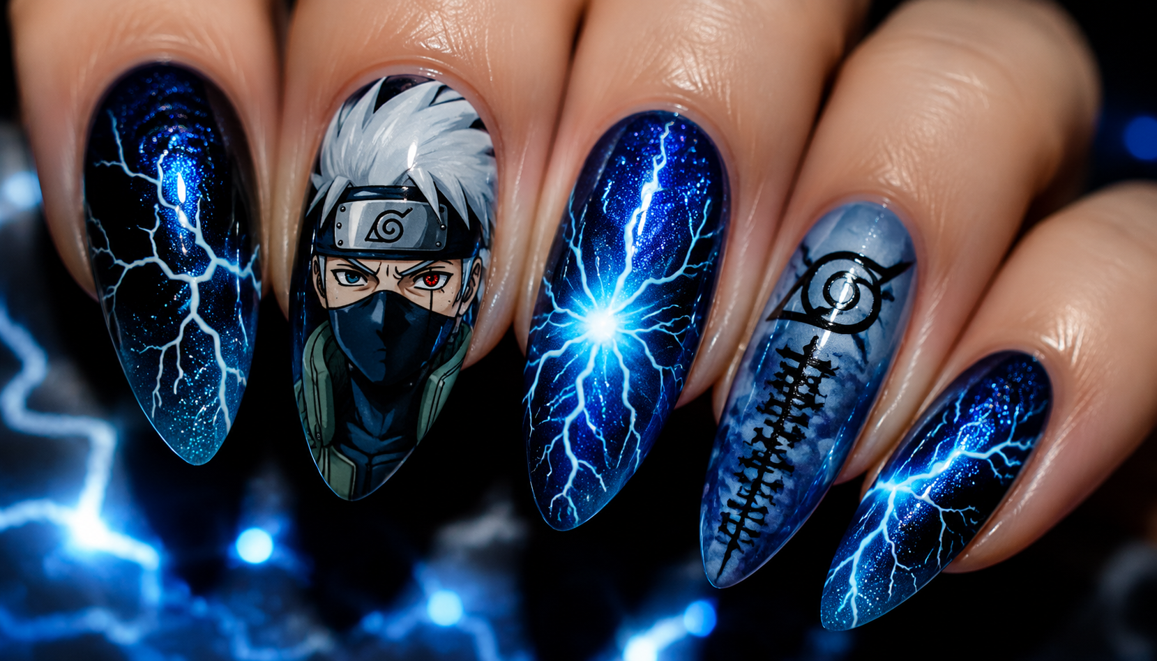 Detailed close-up of Kakashi Hatake Chidori Lightning Electric Blue Nails custom handmade nail design