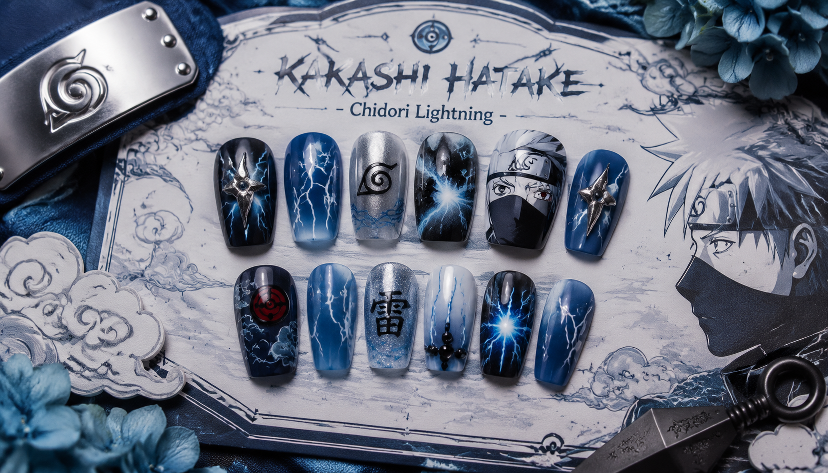 Handmade custom Kakashi Hatake Chidori Lightning Electric Blue Nails worn on hand styling showcase
