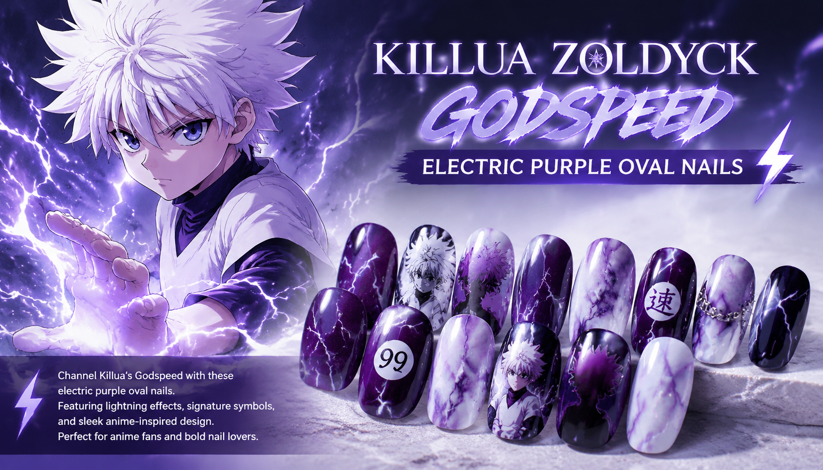Killua Zoldyck Godspeed Electric Purple Oval Nails