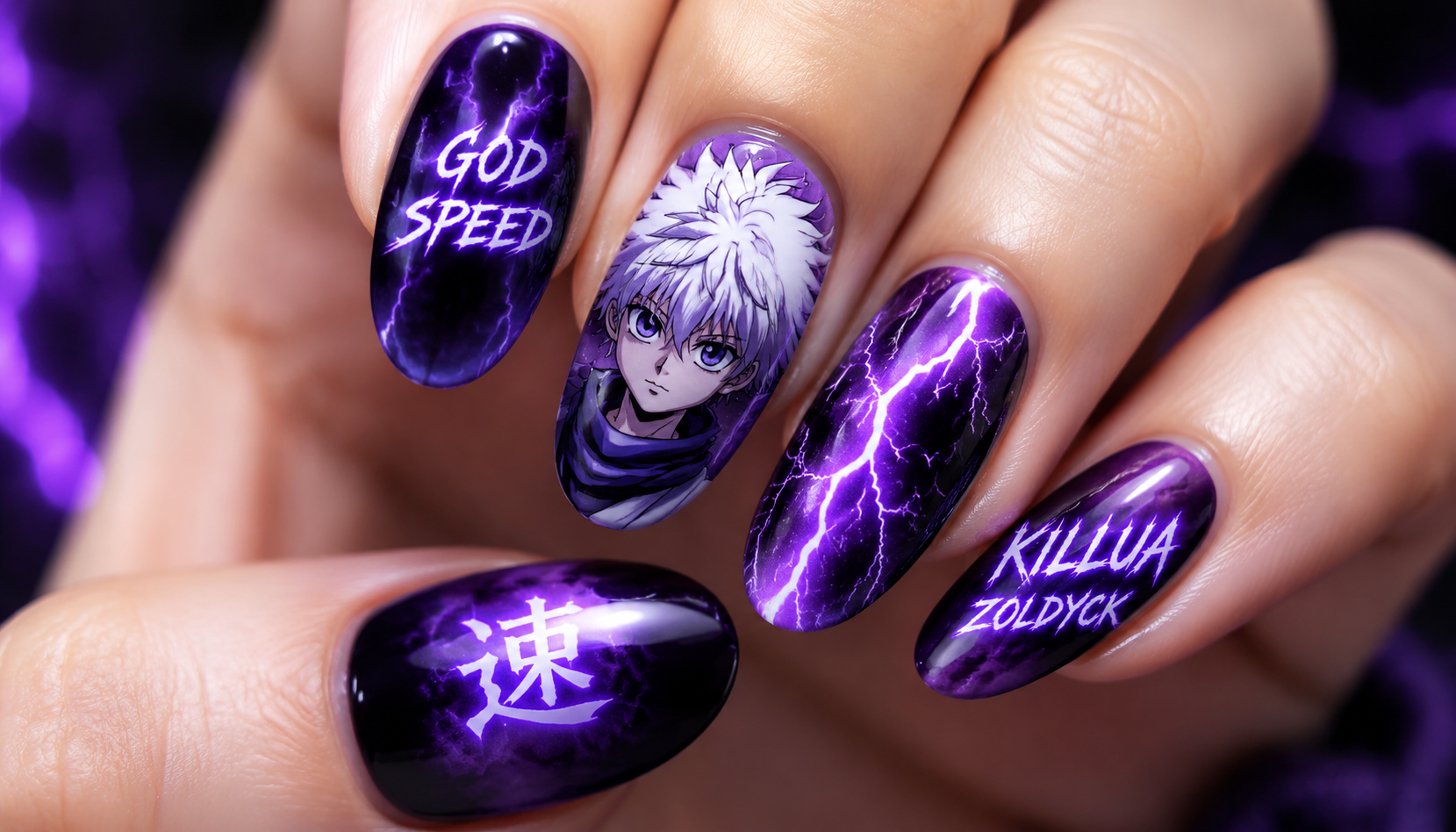 Detailed close-up showing the intricate hand-painted art of Killua Zoldyck Godspeed Electric Purple Oval Nails
