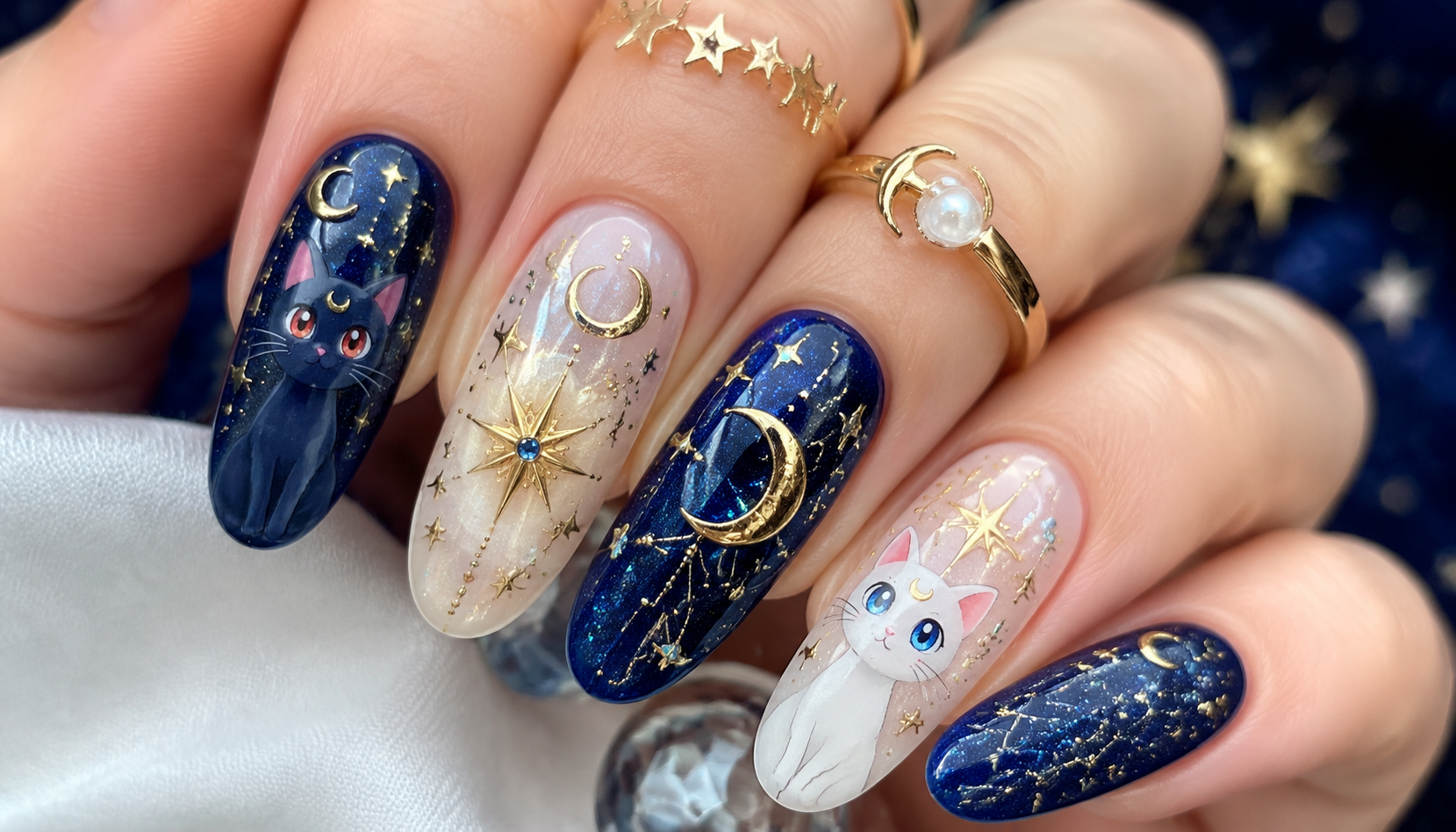 Detailed close-up of Luna & Artemis Celestial Crescent Moon Star Nails custom handmade nail design