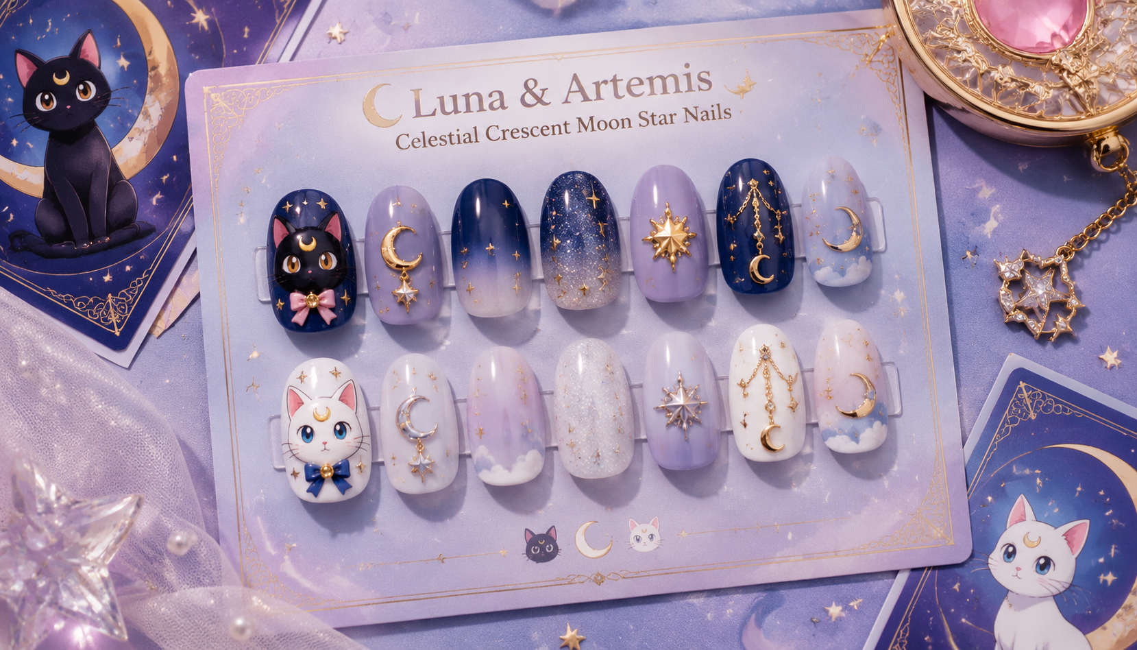 Handmade custom Luna & Artemis Celestial Crescent Moon Star Nails worn on hand styling showcase