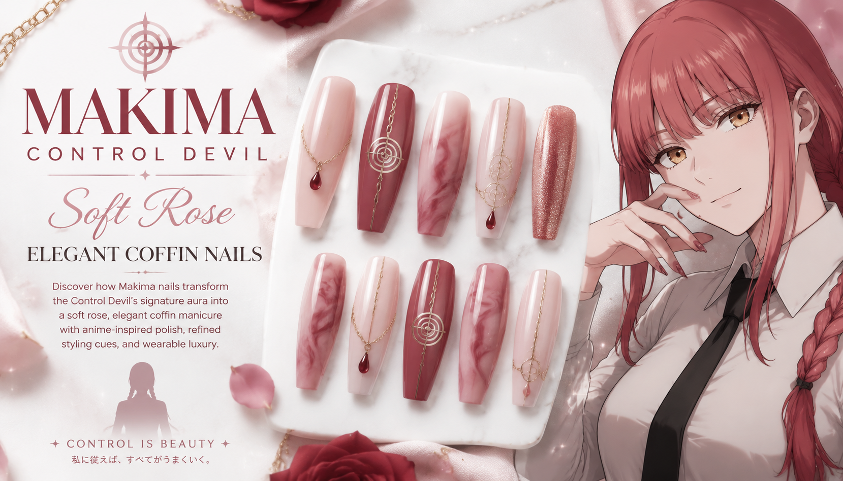 Makima Control Devil Soft Rose Elegant Coffin Nails