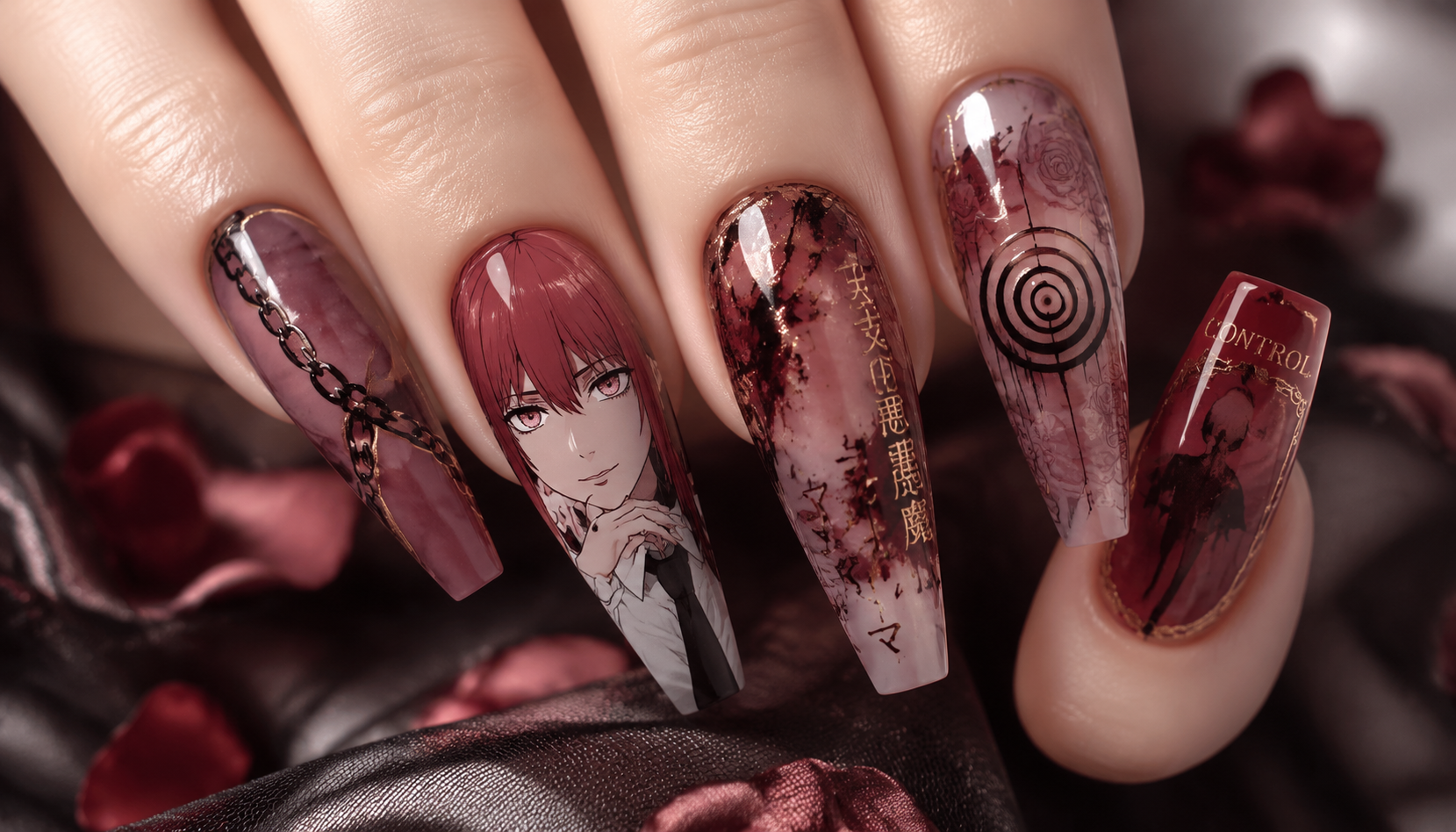 Detailed close-up showing the intricate hand-painted art of Makima Control Devil Soft Rose Elegant Coffin Nails