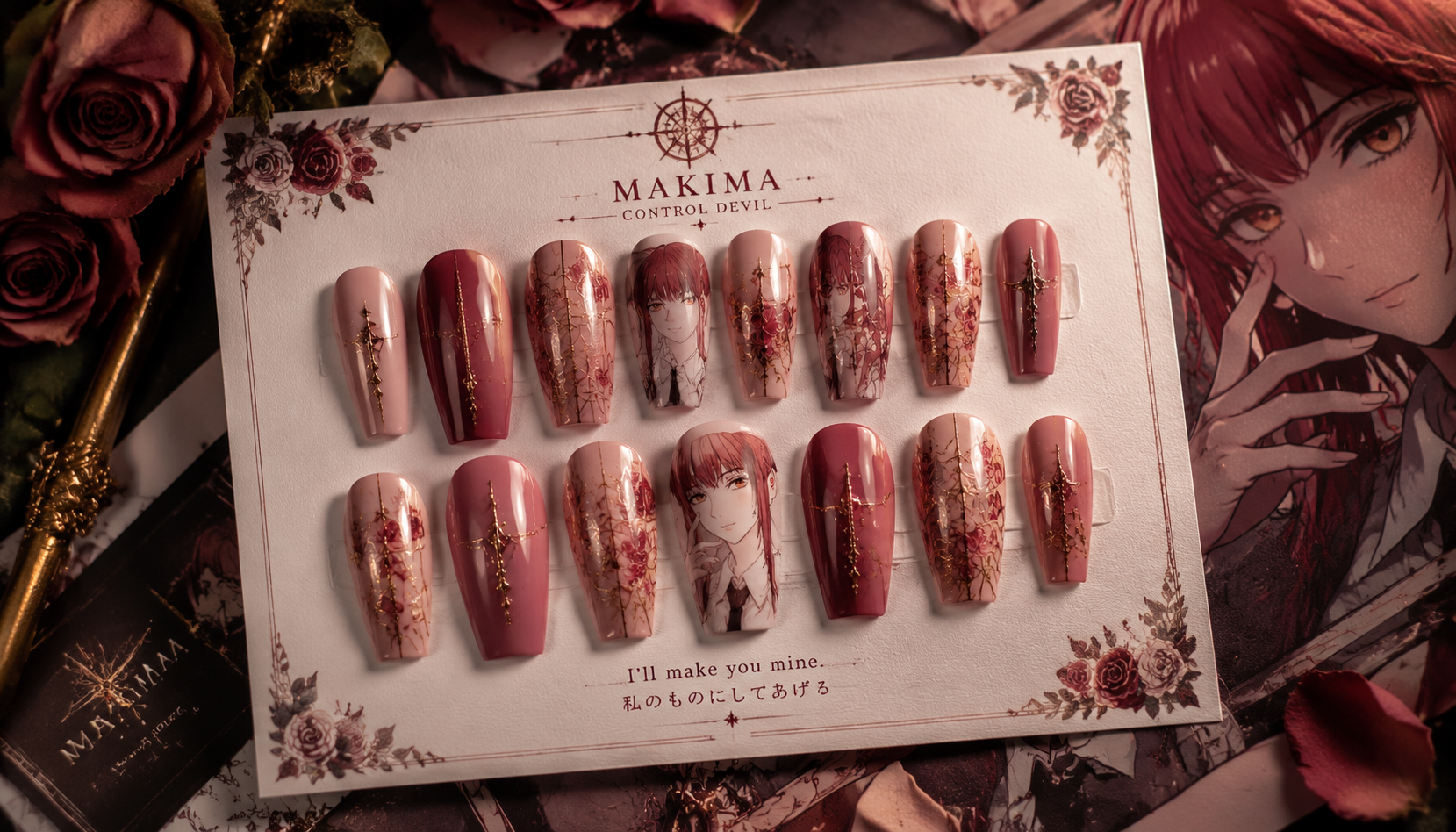 Styling look of Makima Control Devil Soft Rose Elegant Coffin Nails on hands matching modern anime fashion