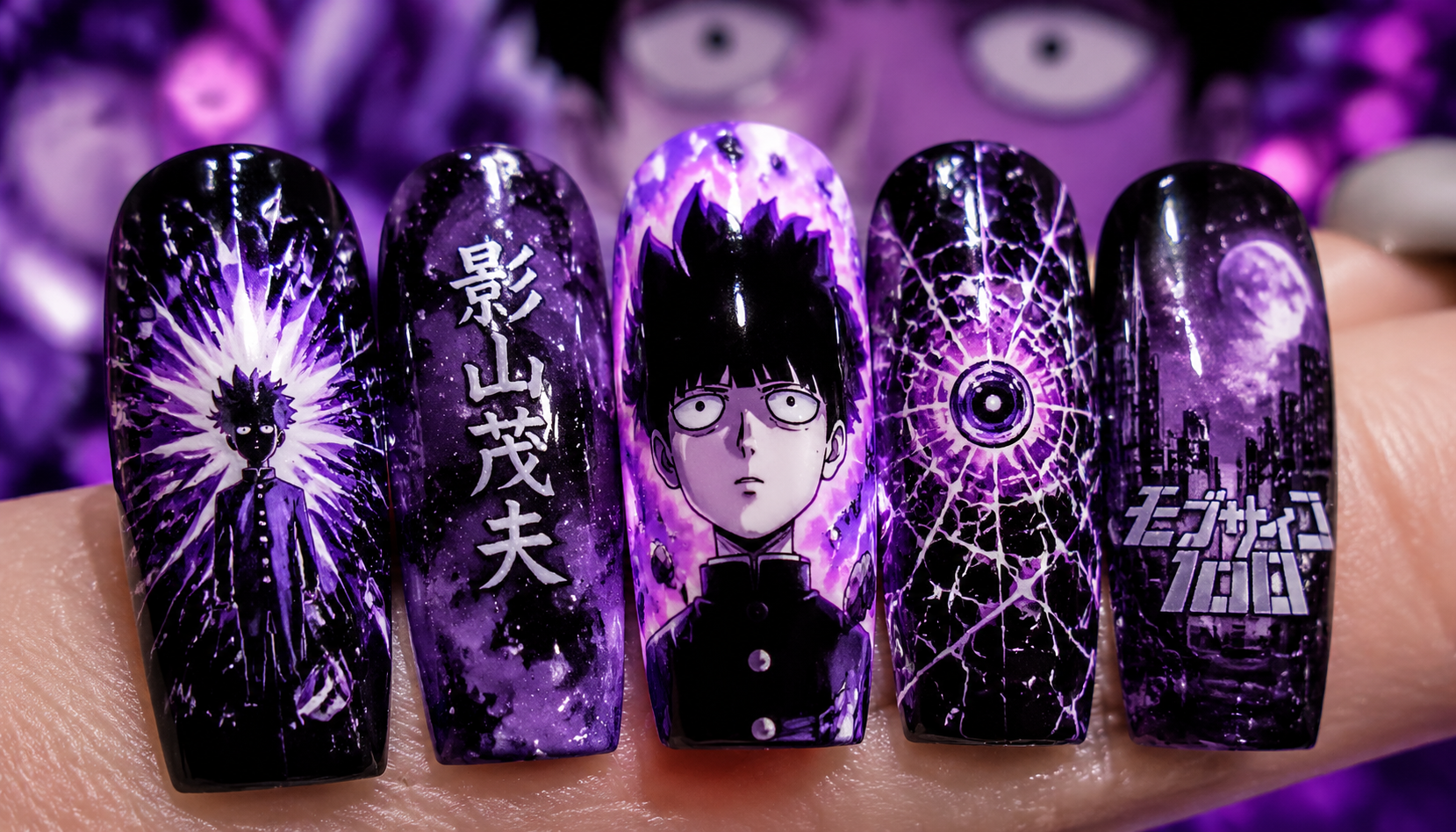Detailed close-up of Mob Psycho 100 Shigeo Kageyama Cosmic Psychic Nails custom handmade nail design
