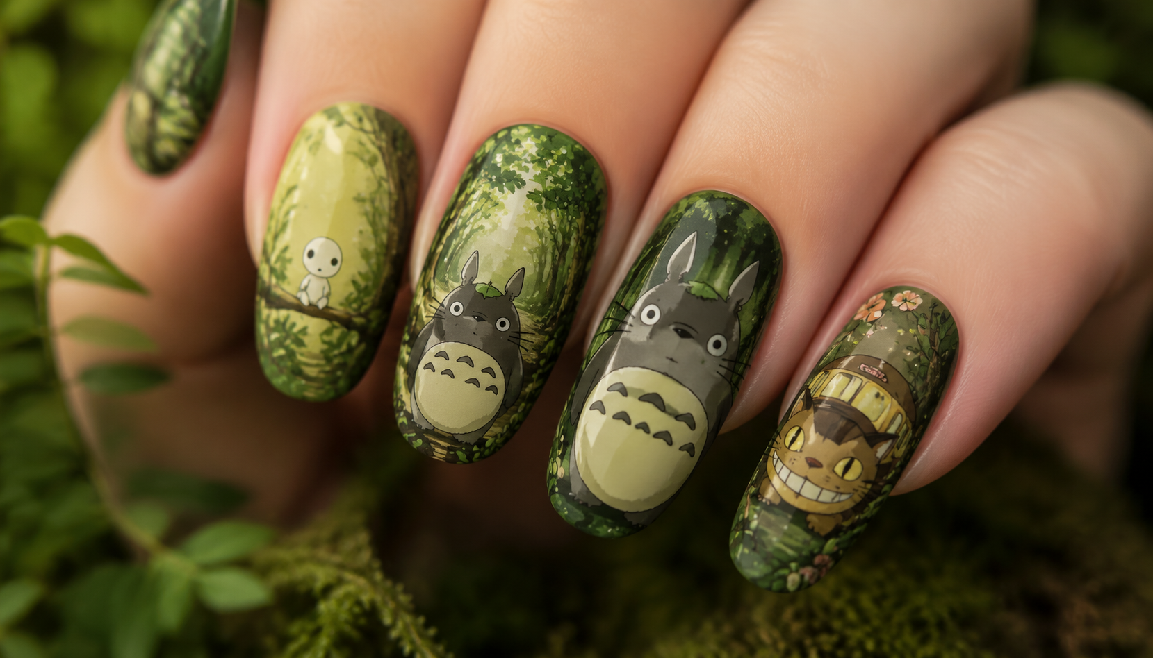 Detailed close-up of My Neighbor Totoro Studio Ghibli Forest Green Nails custom handmade nail design