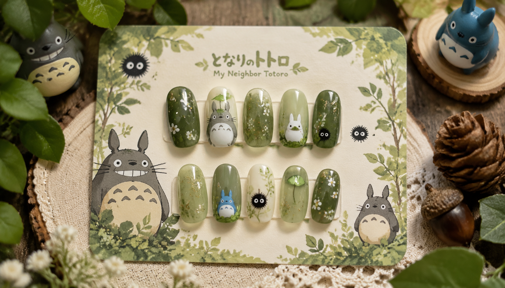 Handmade custom My Neighbor Totoro Studio Ghibli Forest Green Nails worn on hand styling showcase