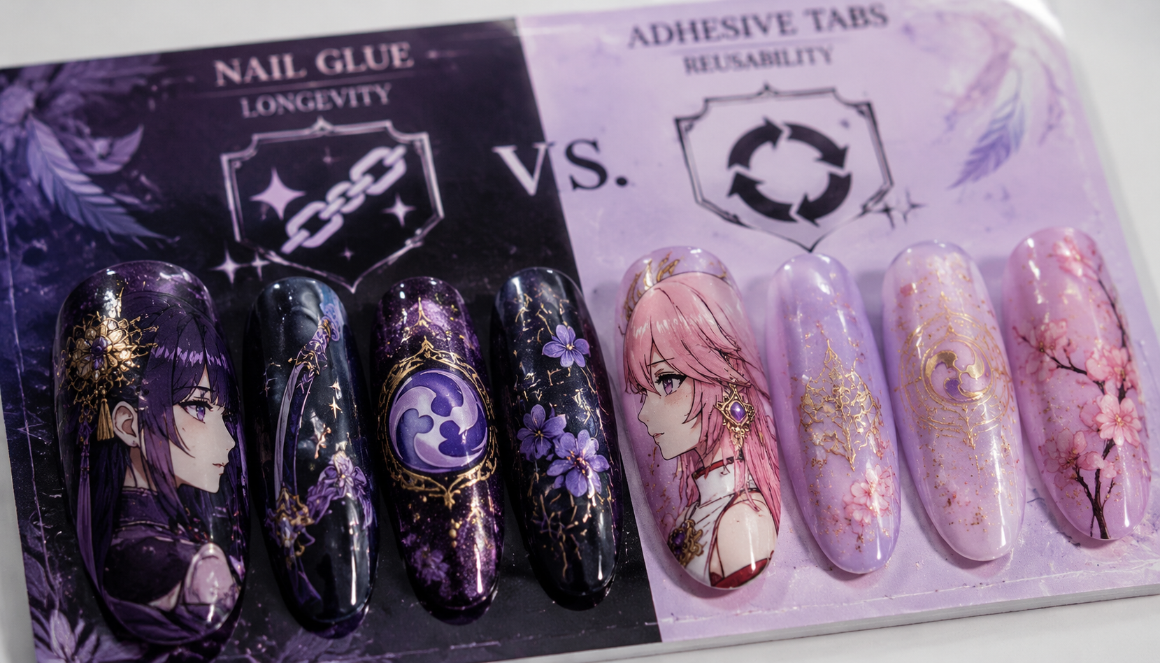 Detailed close-up of Nail Glue vs. Adhesive Tabs: Longevity vs. Reusability custom handmade nail design