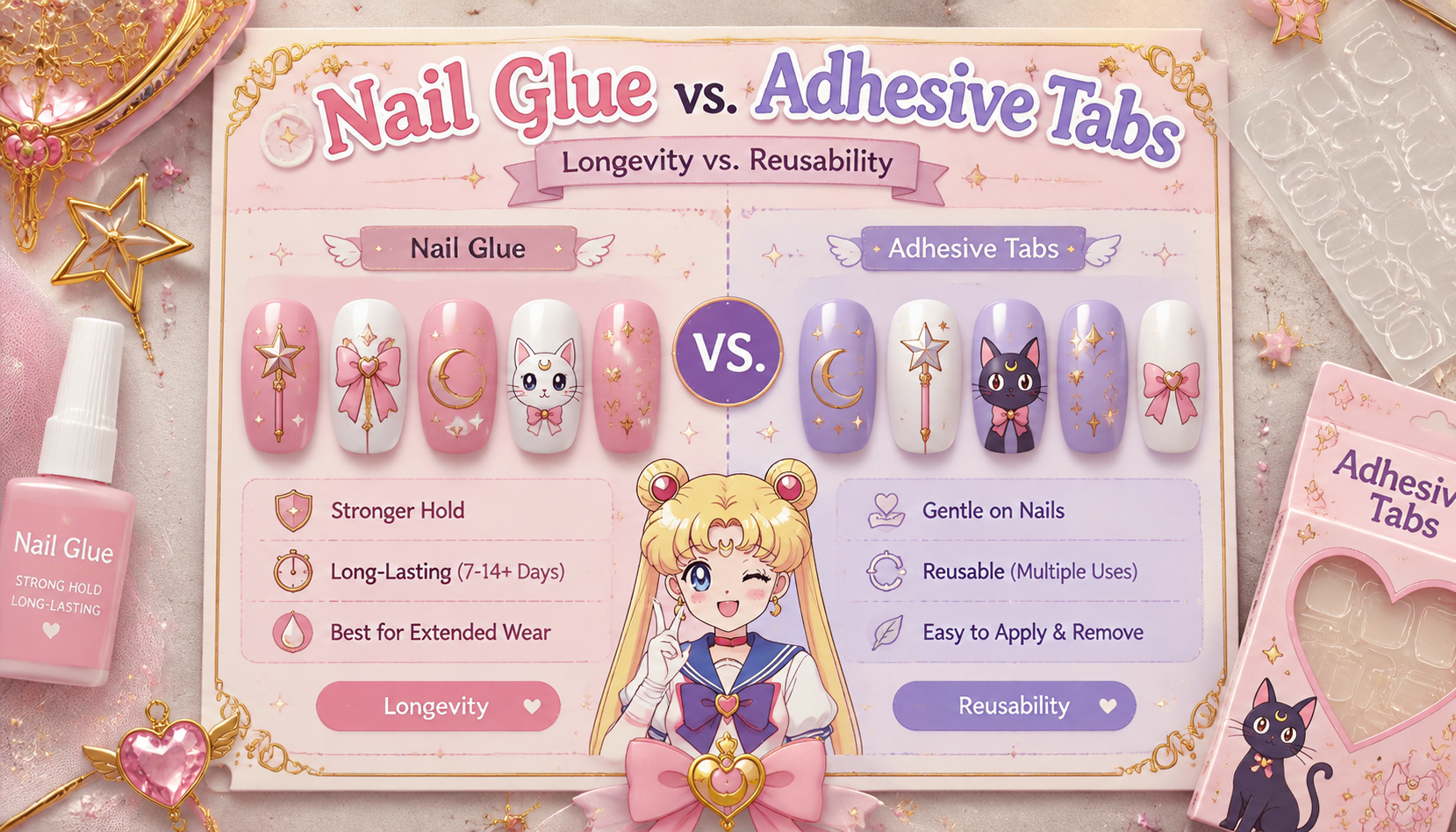 Handmade custom Nail Glue vs. Adhesive Tabs: Longevity vs. Reusability worn on hand styling showcase