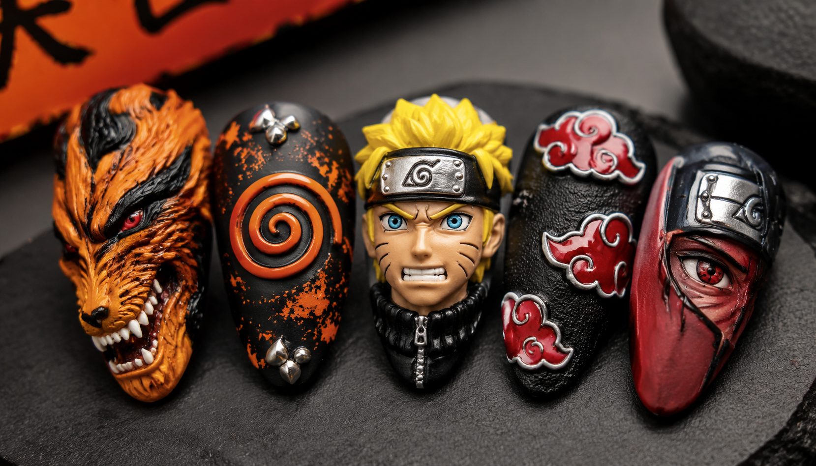 Detailed close-up showing the intricate hand-painted art of Naruto 3D Sculpted Almond Anime Press-On Nails