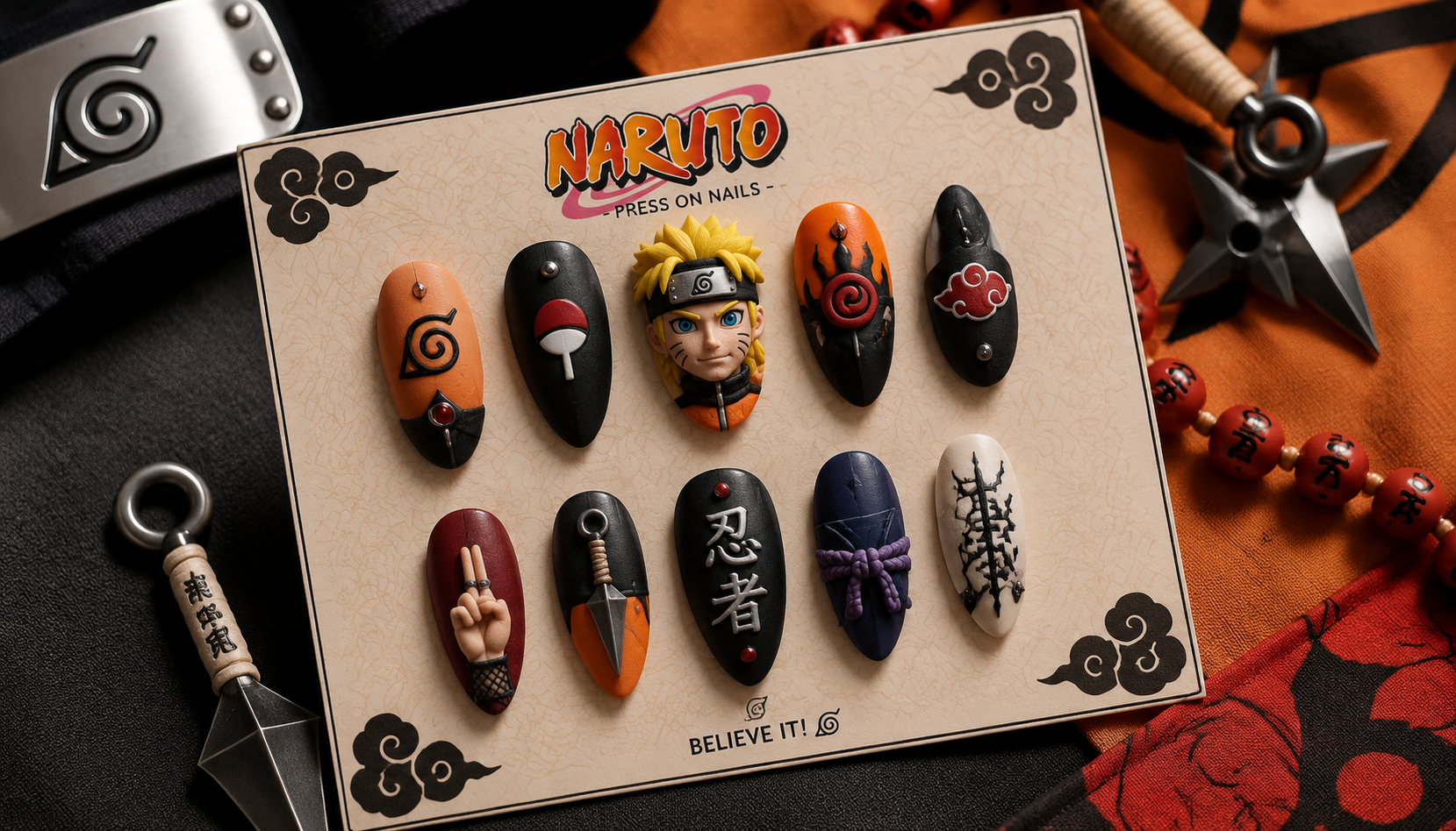 Styling look of Naruto 3D Sculpted Almond Anime Press-On Nails on hands matching modern anime fashion
