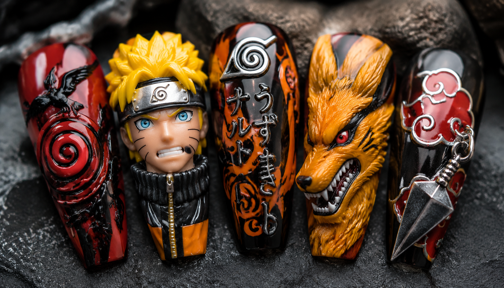Detailed close-up showing the intricate hand-painted art of Naruto 3D Sculpted Coffin Anime Press-On Nails