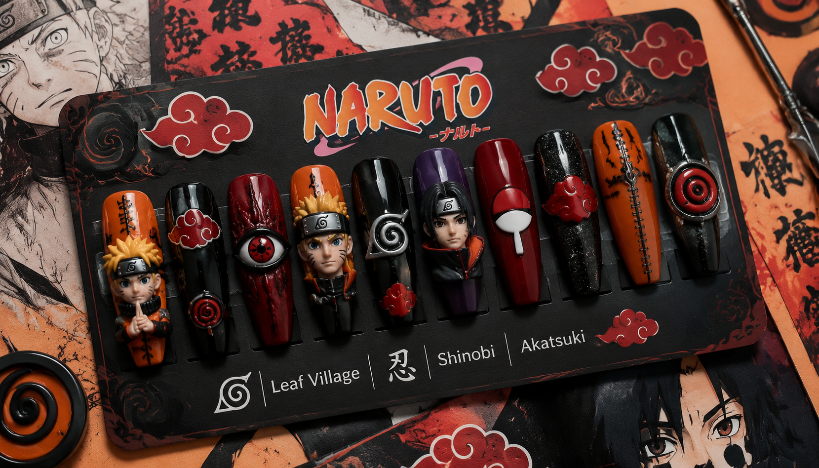 Styling look of Naruto 3D Sculpted Coffin Anime Press-On Nails on hands matching modern anime fashion