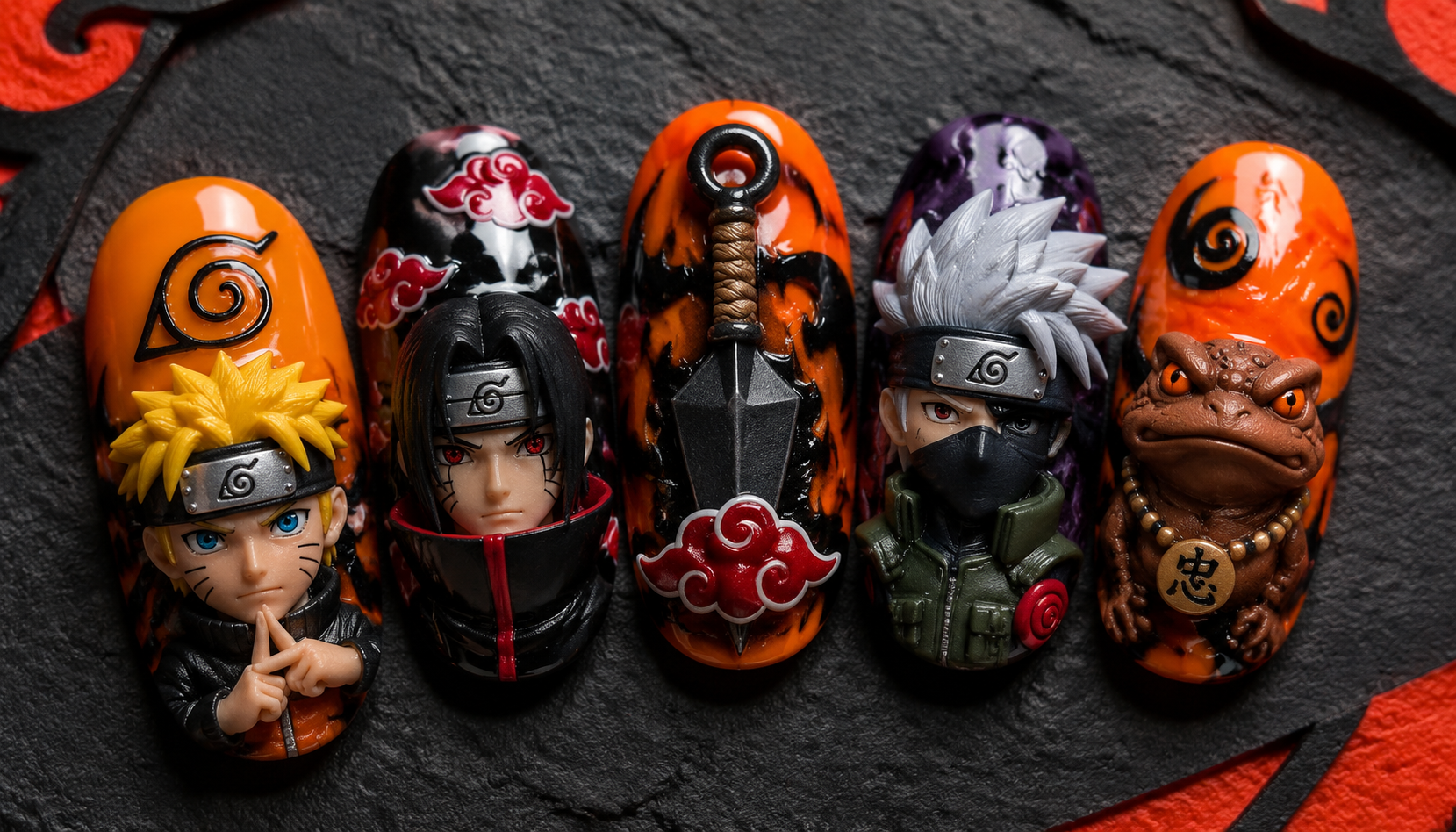 Detailed close-up showing the intricate hand-painted art of Naruto 3D Sculpted Oval Anime Press-On Nails