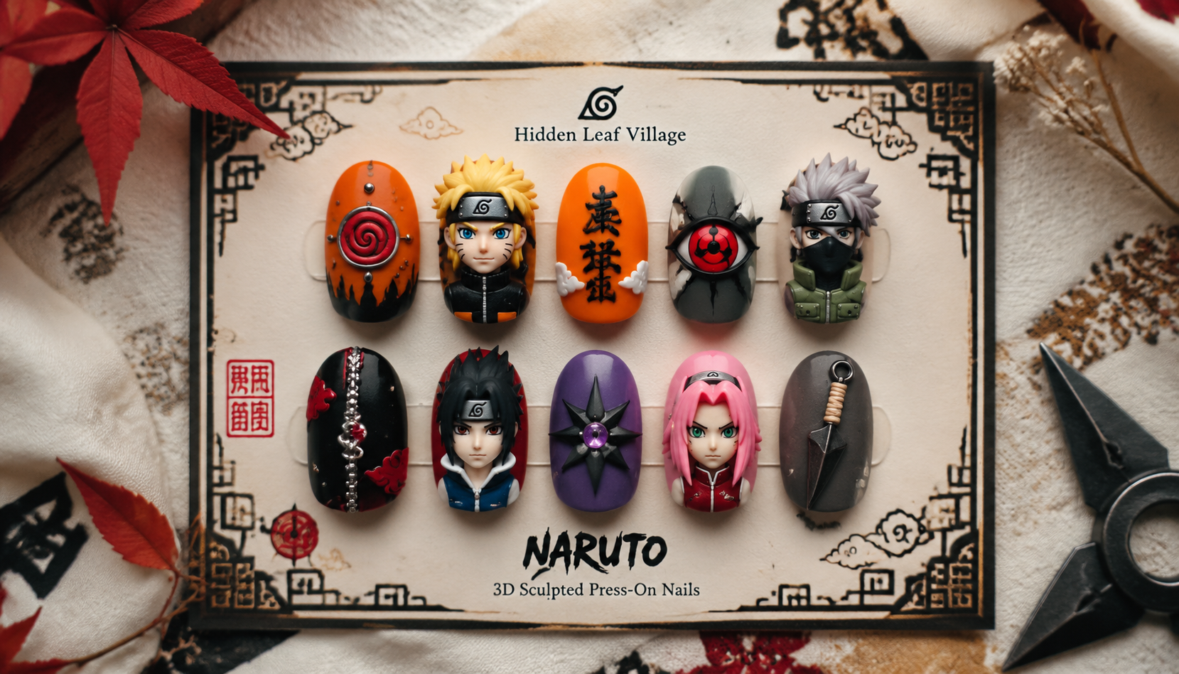 Styling look of Naruto 3D Sculpted Oval Anime Press-On Nails on hands matching modern anime fashion