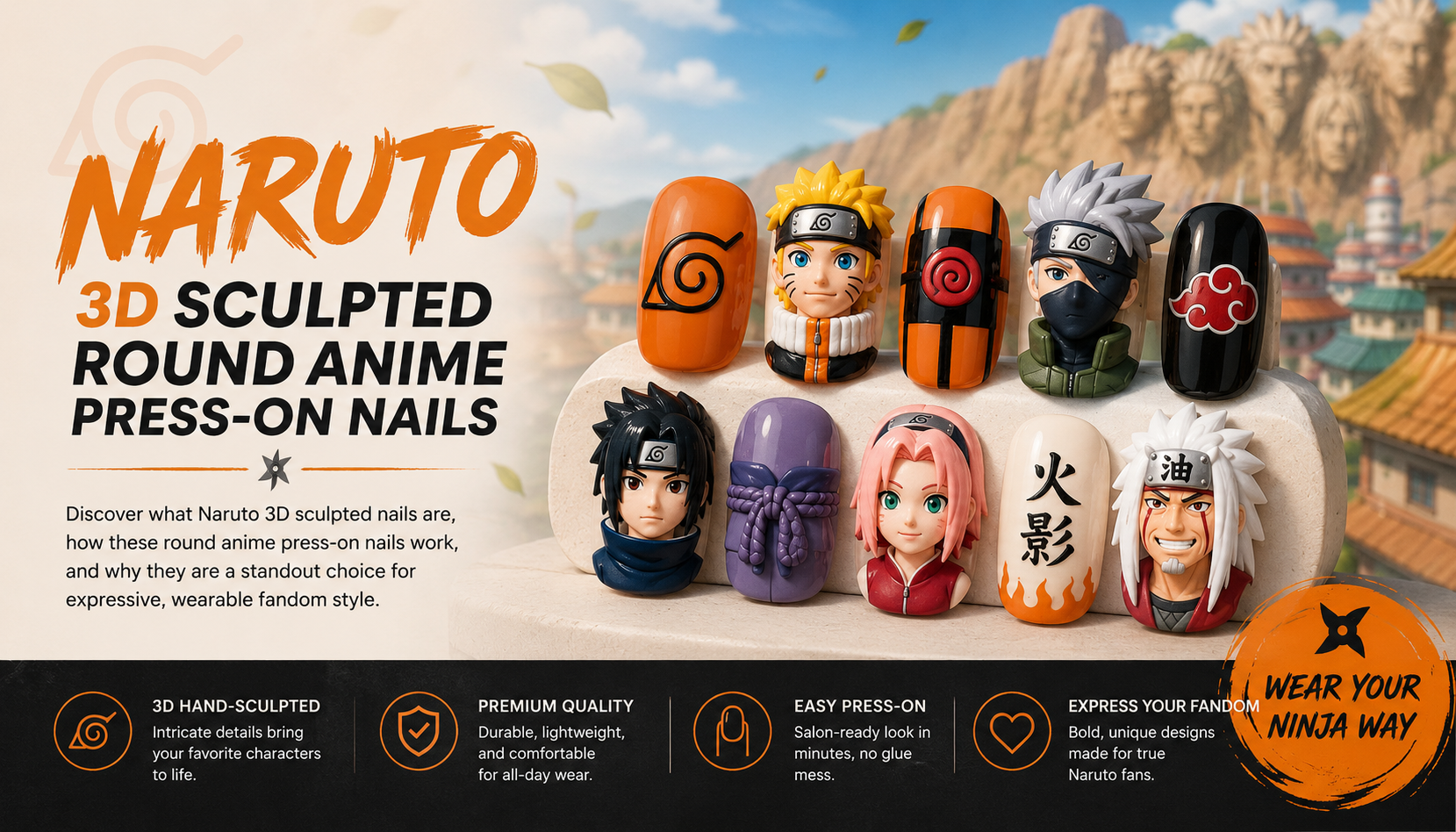 Naruto 3D Sculpted Round Anime Press-On Nails