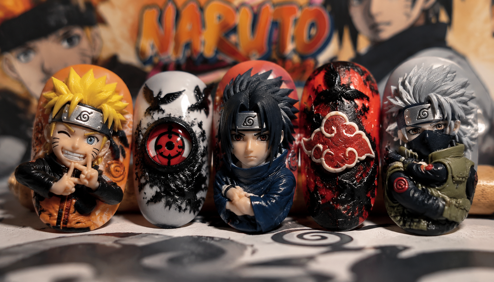 Detailed close-up showing the intricate hand-painted art of Naruto 3D Sculpted Round Anime Press-On Nails