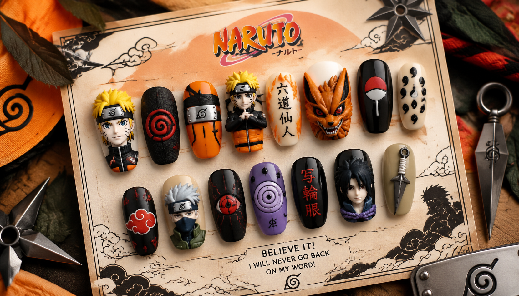 Styling look of Naruto 3D Sculpted Round Anime Press-On Nails on hands matching modern anime fashion