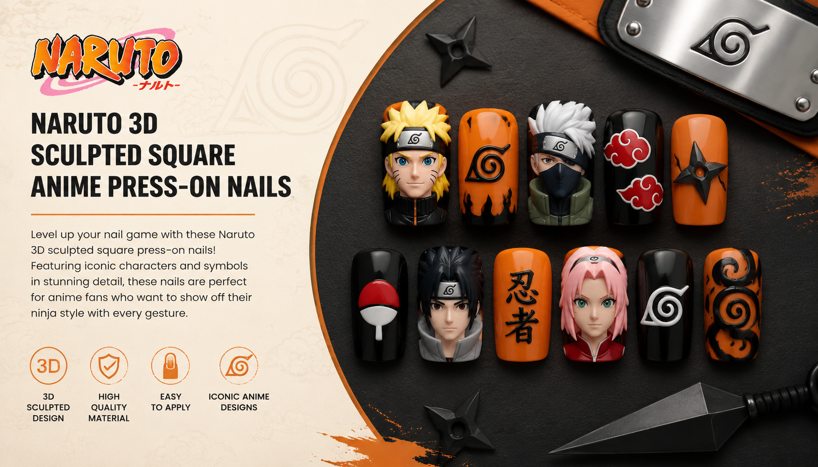 Naruto 3D Sculpted Square Anime Press-On Nails