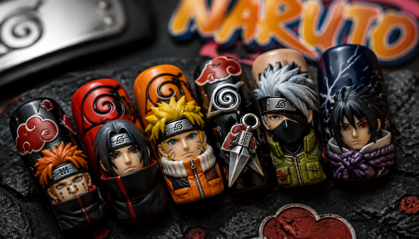 Detailed close-up showing the intricate hand-painted art of Naruto 3D Sculpted Square Anime Press-On Nails