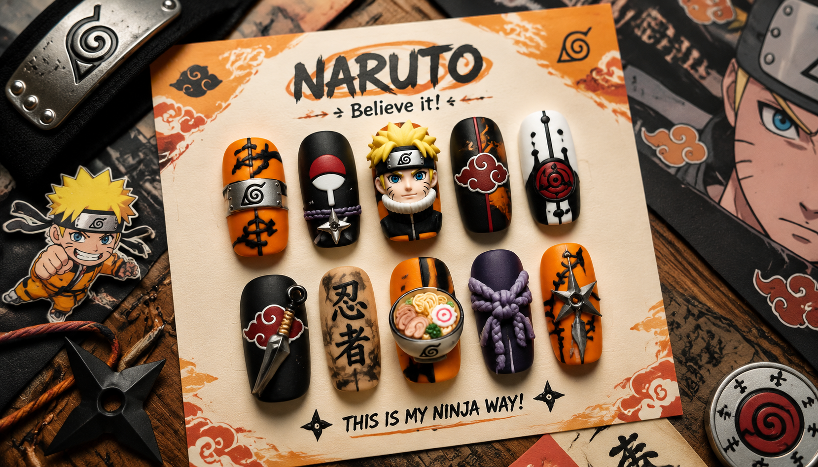 Styling look of Naruto 3D Sculpted Square Anime Press-On Nails on hands matching modern anime fashion