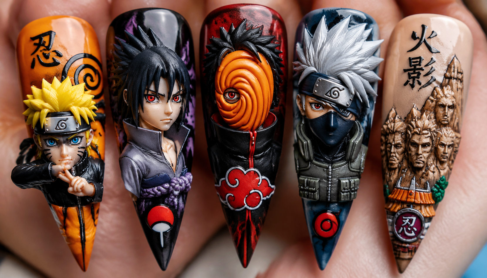 Detailed close-up showing the intricate hand-painted art of Naruto 3D Sculpted Stiletto Anime Press-On Nails