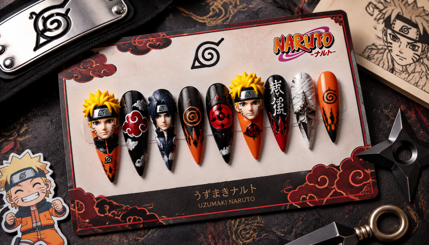 Styling look of Naruto 3D Sculpted Stiletto Anime Press-On Nails on hands matching modern anime fashion