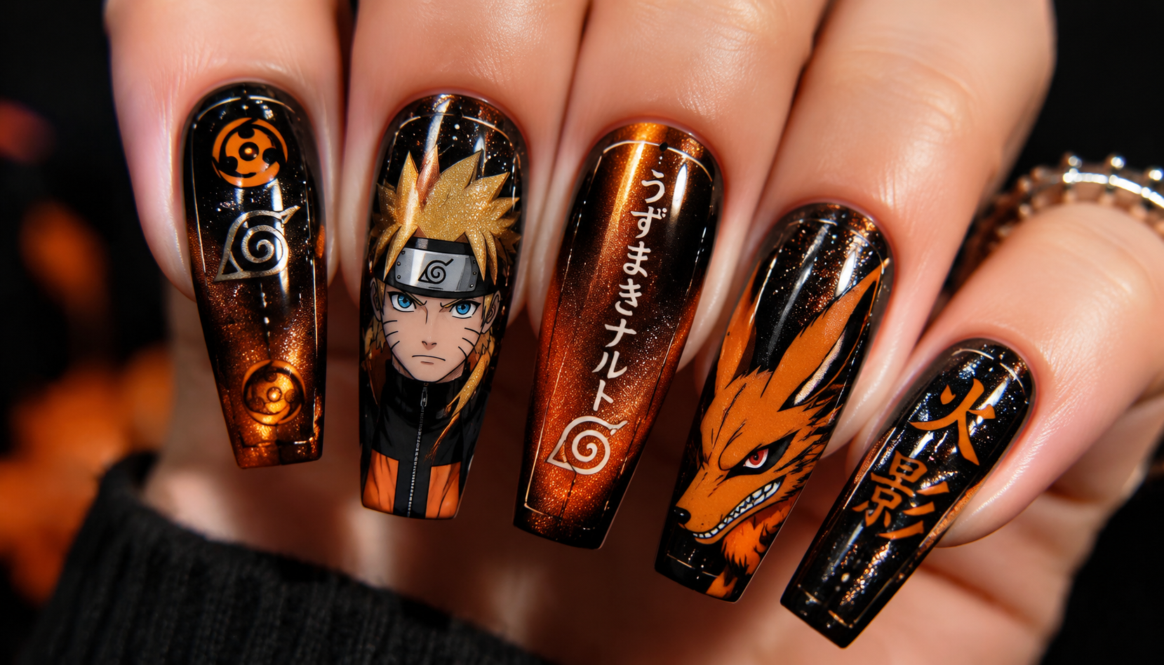 Detailed close-up showing the intricate hand-painted art of Naruto Cat Eye Coffin Anime Press-On Nails