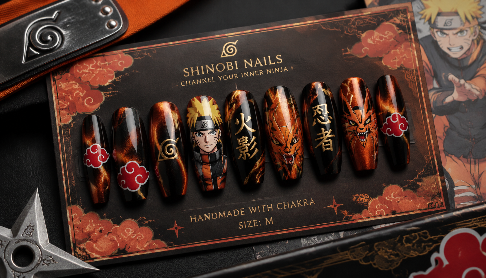 Styling look of Naruto Cat Eye Coffin Anime Press-On Nails on hands matching modern anime fashion