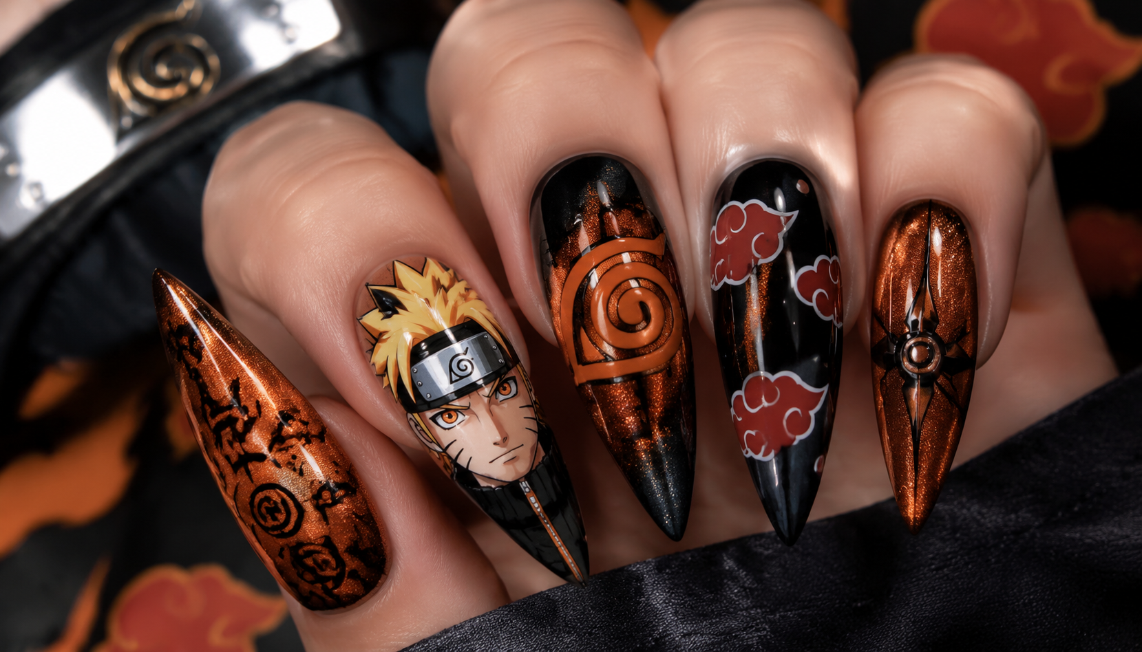 Detailed close-up showing the intricate hand-painted art of Naruto Cat Eye Stiletto Anime Press-On Nails