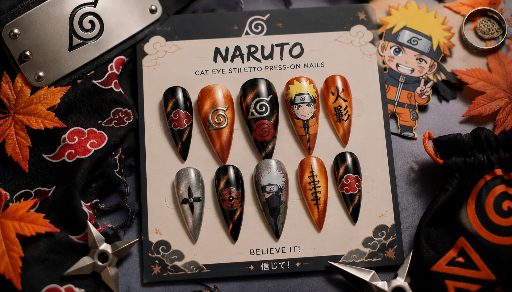 Styling look of Naruto Cat Eye Stiletto Anime Press-On Nails on hands matching modern anime fashion