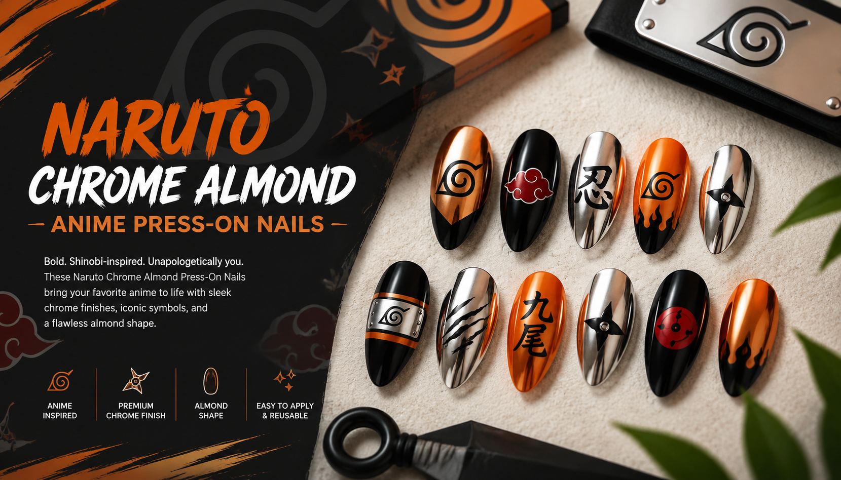 Naruto Chrome Almond Anime Press-On Nails