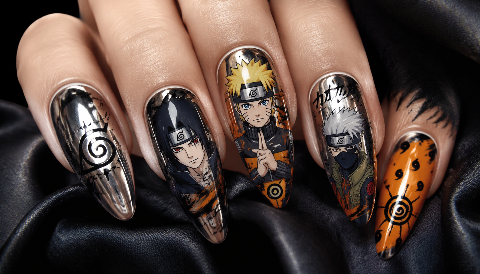 Detailed close-up showing the intricate hand-painted art of Naruto Chrome Almond Anime Press-On Nails