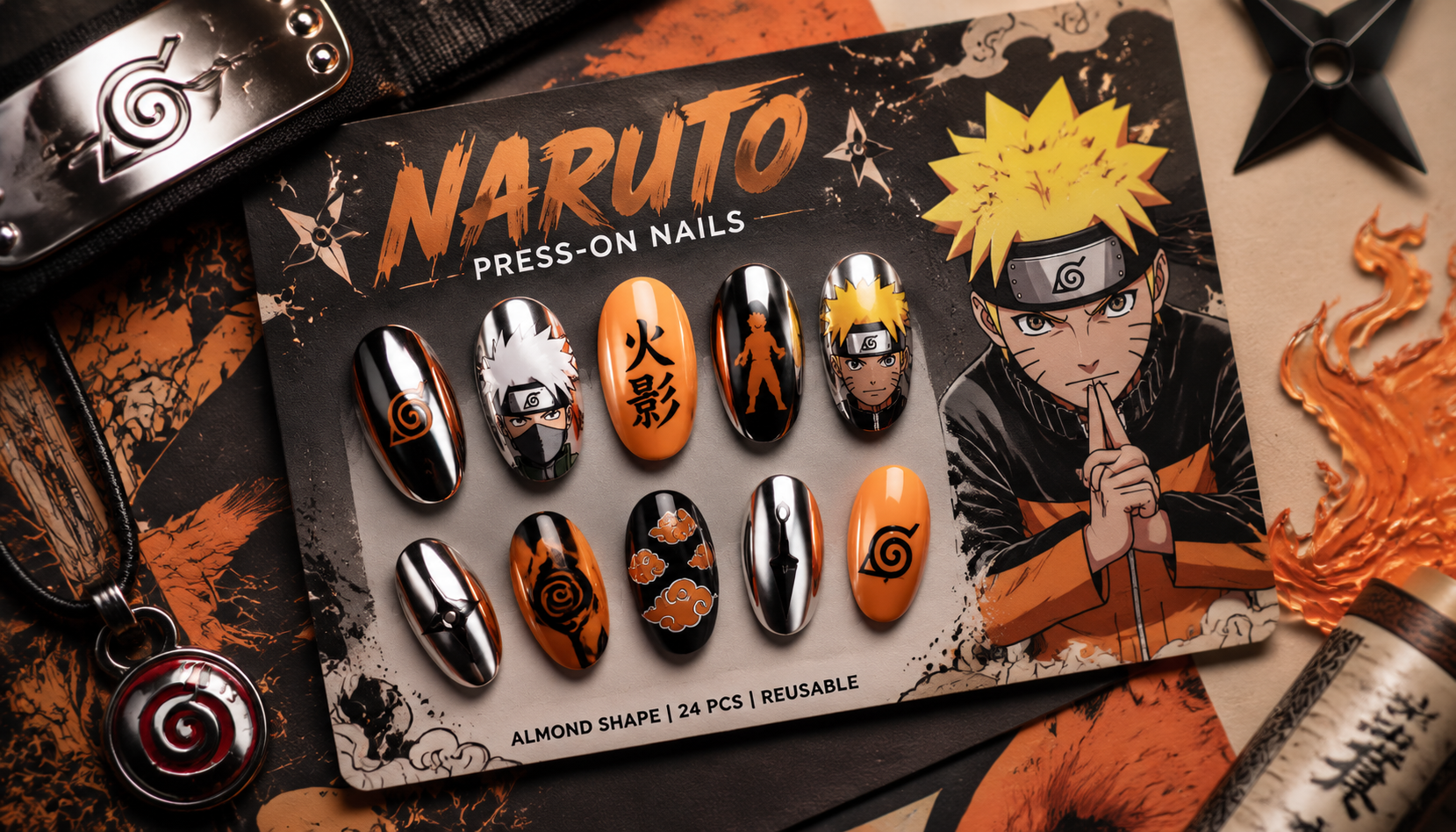 Styling look of Naruto Chrome Almond Anime Press-On Nails on hands matching modern anime fashion