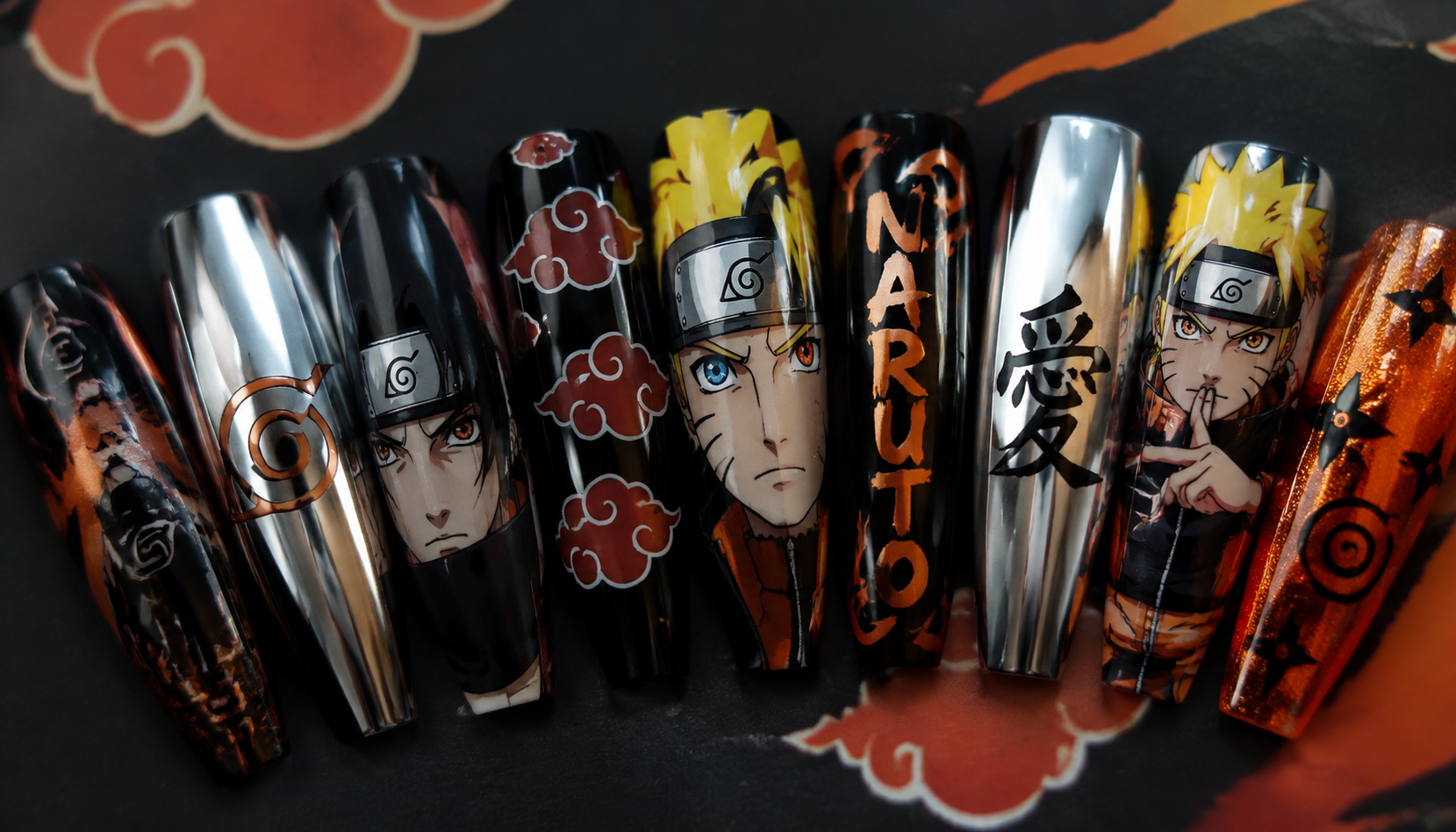 Detailed close-up showing the intricate hand-painted art of Naruto Chrome Coffin Anime Press-On Nails