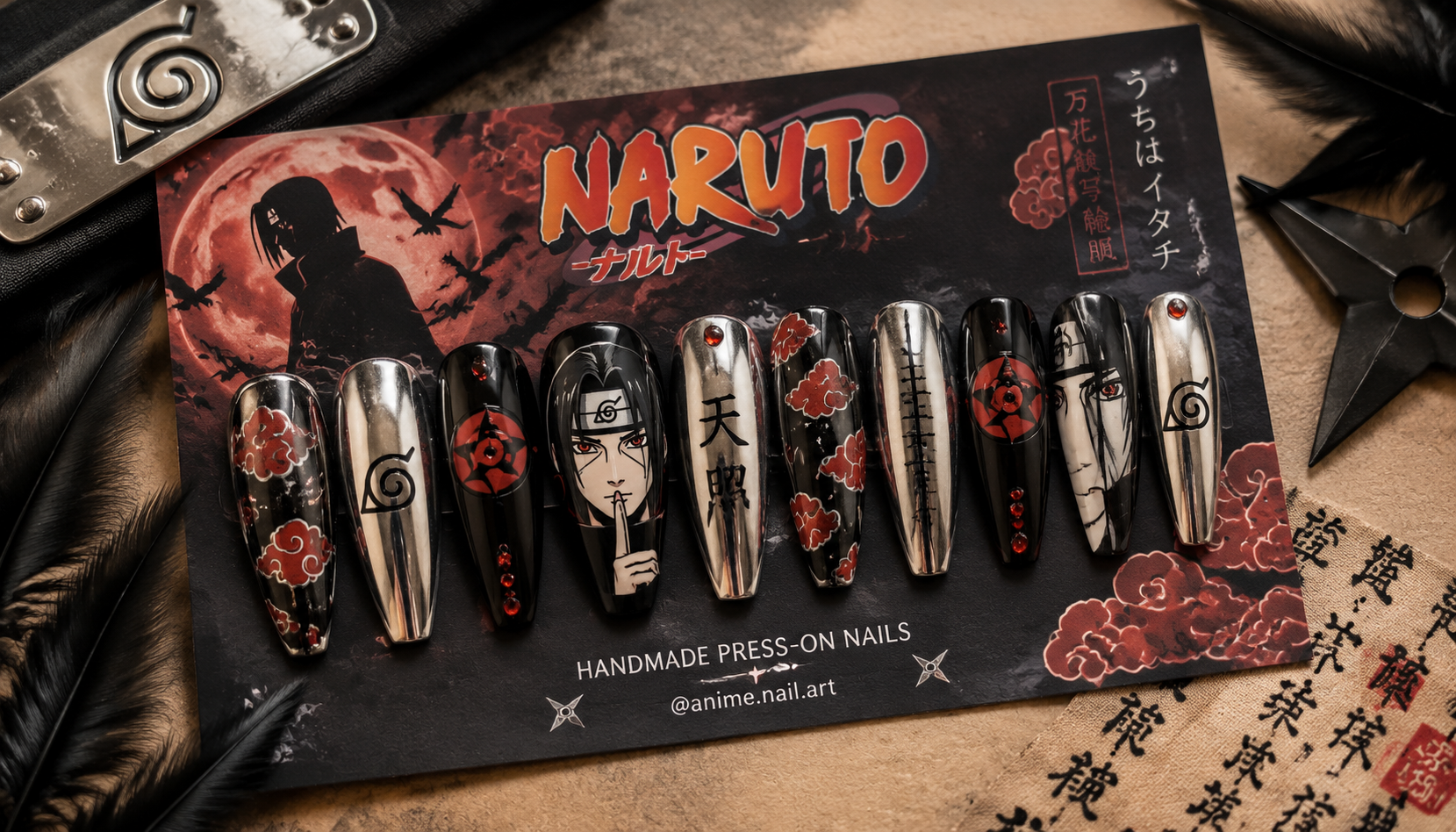 Styling look of Naruto Chrome Coffin Anime Press-On Nails on hands matching modern anime fashion