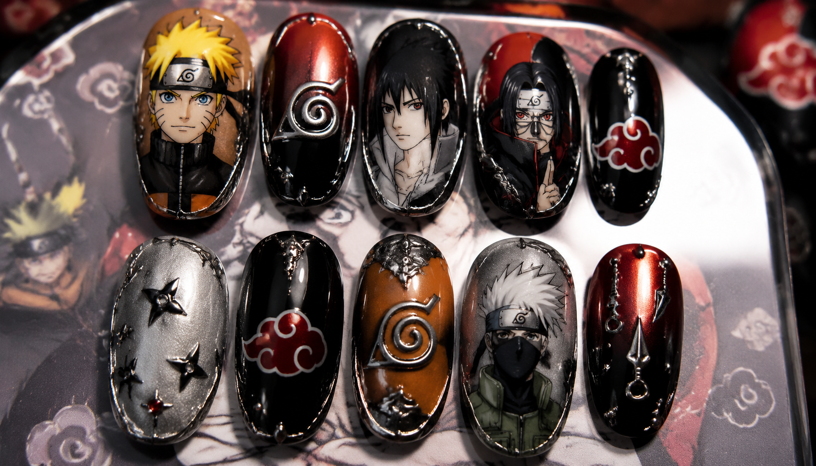 Detailed close-up showing the intricate hand-painted art of Naruto Chrome Oval Anime Press-On Nails