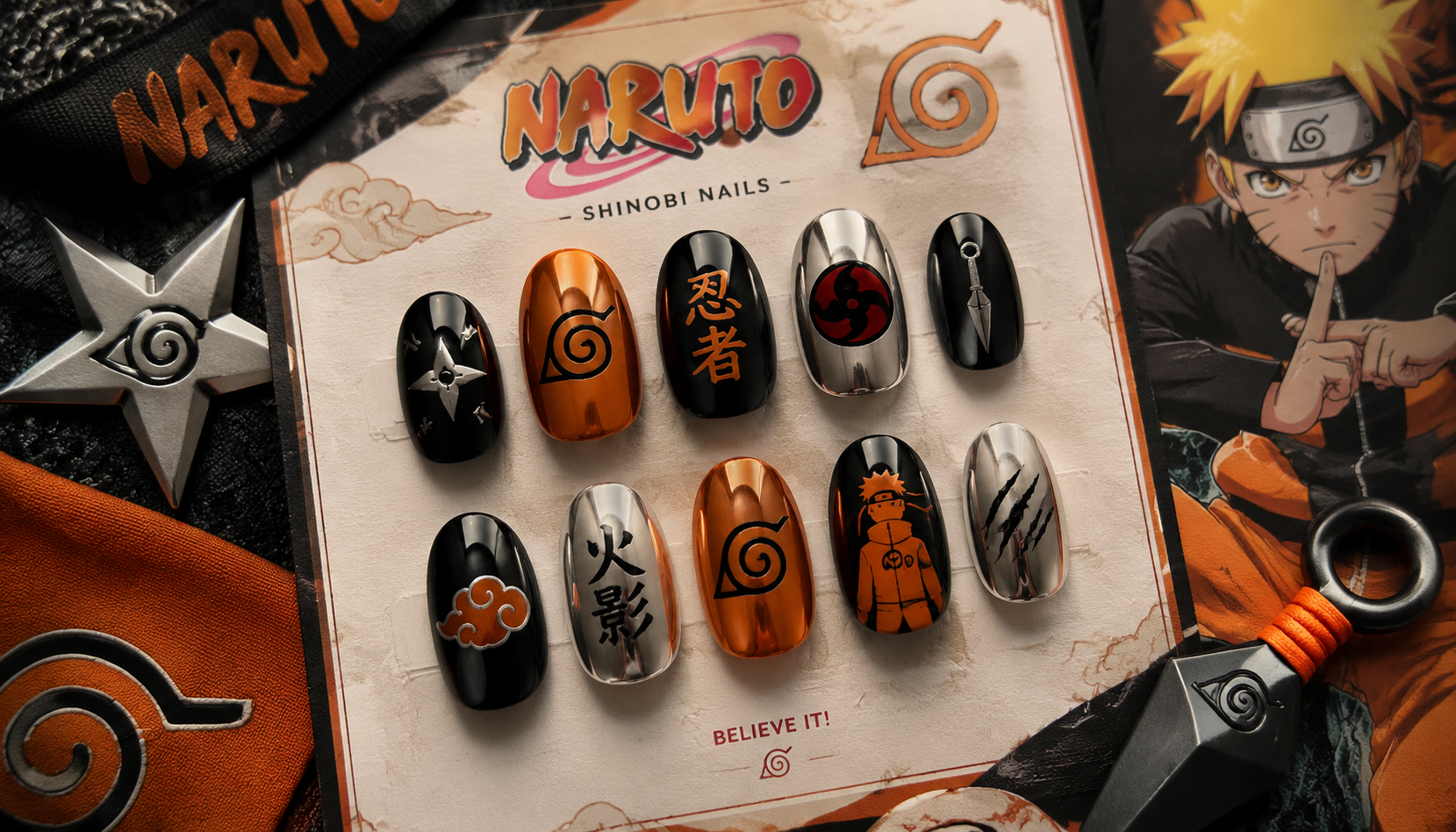 Styling look of Naruto Chrome Oval Anime Press-On Nails on hands matching modern anime fashion