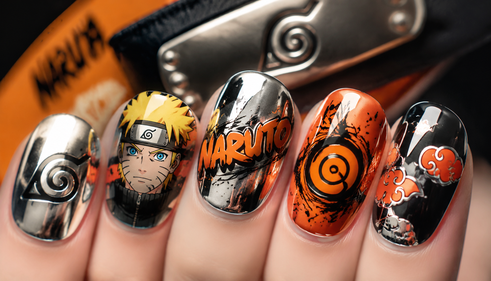 Detailed close-up showing the intricate hand-painted art of Naruto Chrome Round Anime Press-On Nails