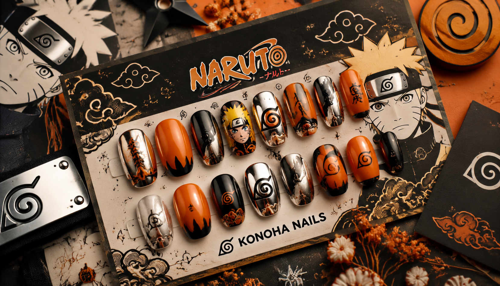 Styling look of Naruto Chrome Round Anime Press-On Nails on hands matching modern anime fashion