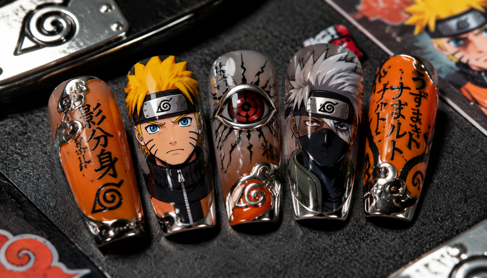 Detailed close-up showing the intricate hand-painted art of Naruto Chrome Square Anime Press-On Nails