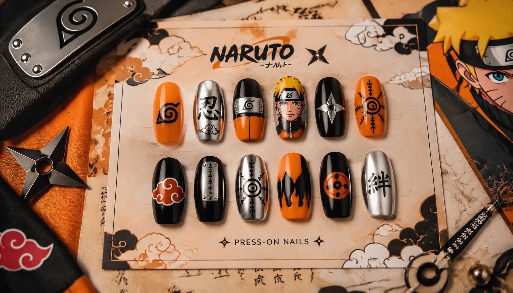 Styling look of Naruto Chrome Square Anime Press-On Nails on hands matching modern anime fashion