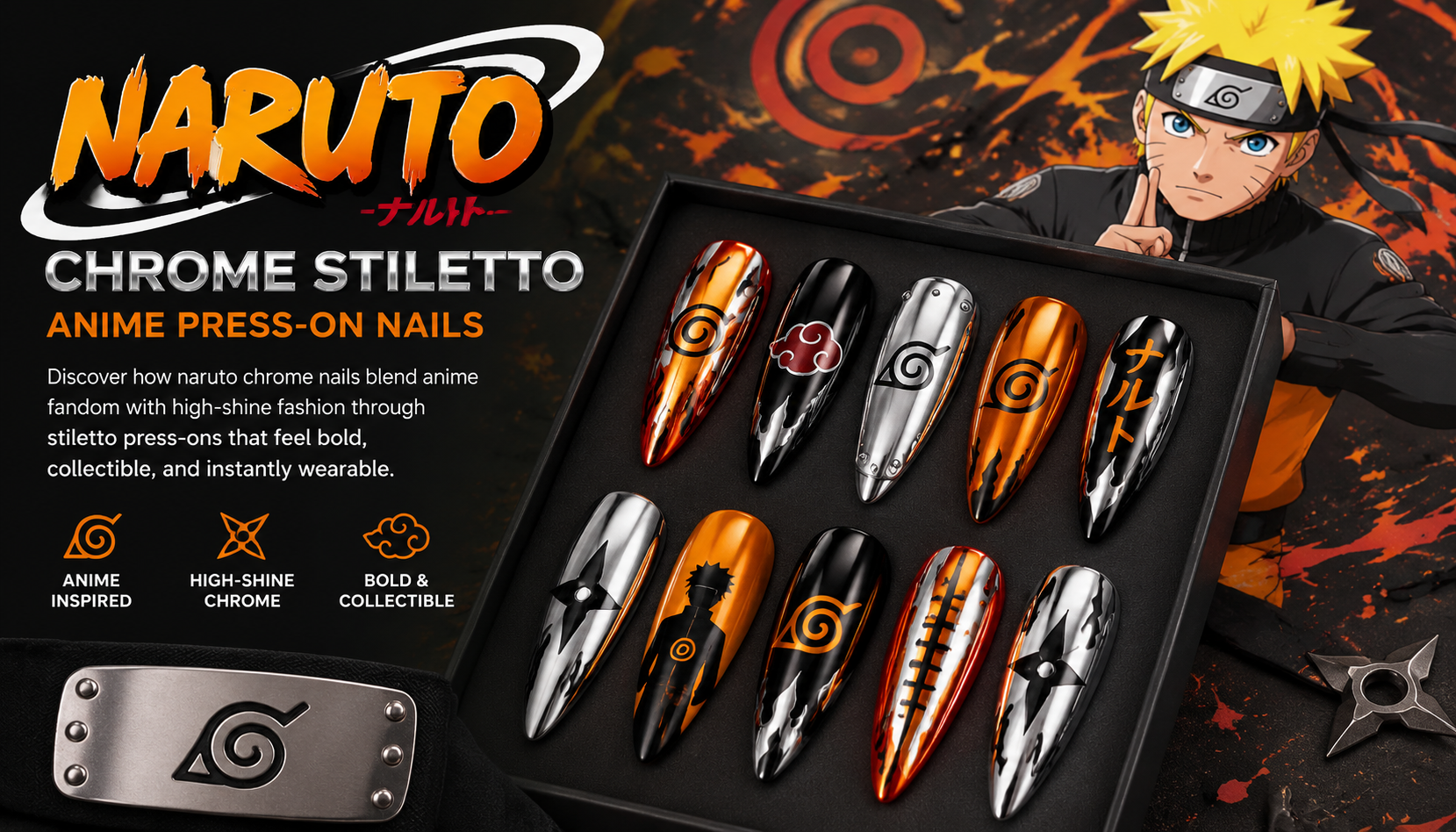 Naruto Chrome Stiletto Anime Press-On Nails