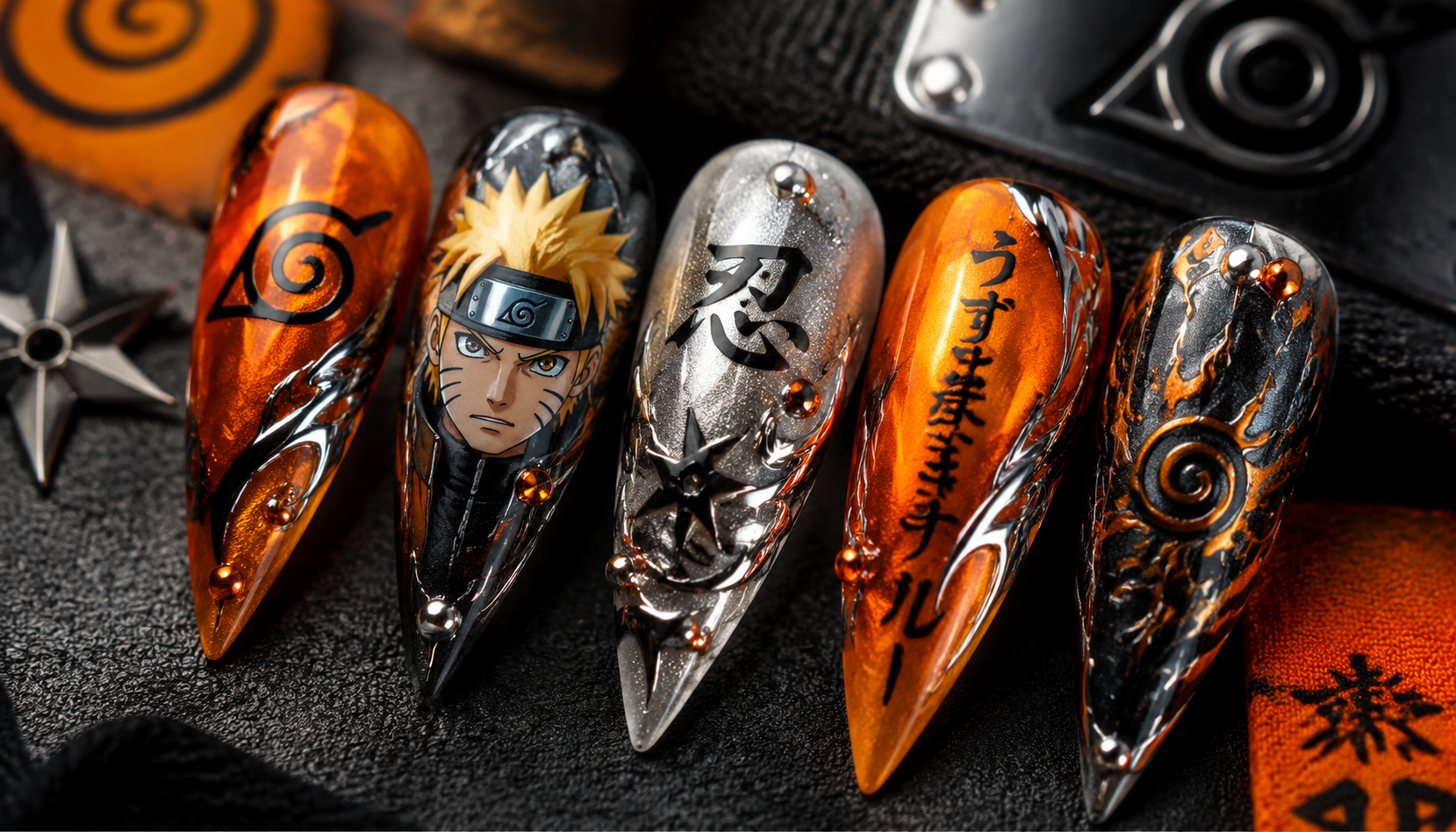 Detailed close-up showing the intricate hand-painted art of Naruto Chrome Stiletto Anime Press-On Nails