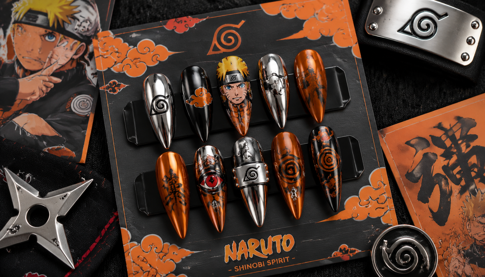Styling look of Naruto Chrome Stiletto Anime Press-On Nails on hands matching modern anime fashion